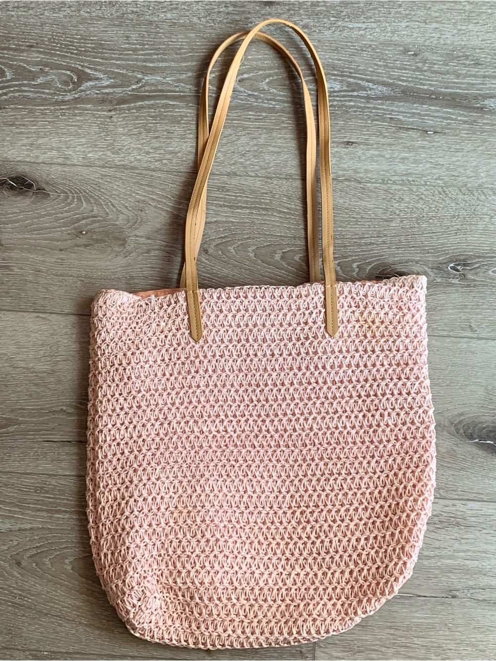 Pink Crochet Tote with Tan Shoulder Straps